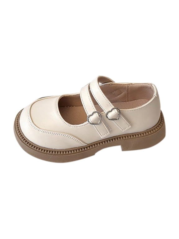 Girls Mary Jane Dress Shoes - Double Strap Heart Buckle Thick Non Slip Sole PU Leather Flats (Beige, 12-12.5 Years)