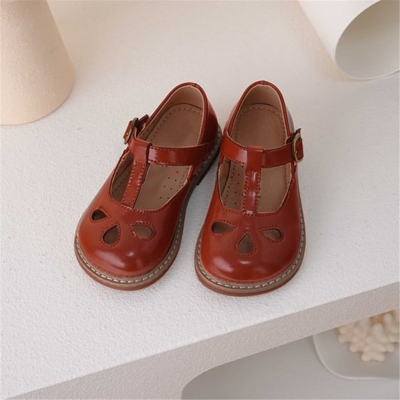 AUDeals Girls Mary Jane Dress Shoes - Hollow Out T Strap Flats with Buckle for School Party Wear (Brown, 9-9.5 Years)