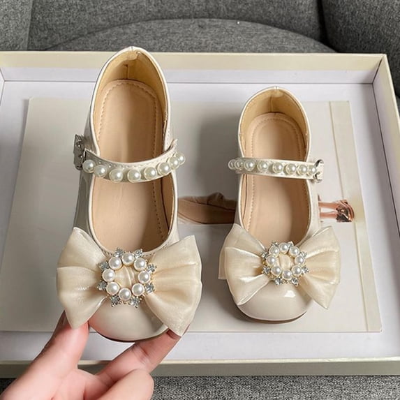 AUDeals Girls Mary Jane Flats - Bow Pearl Strap Princess Dress Shoes with Non Slip Ballet Sole for Toddler Kids (Beige, 5.5-6 Years)