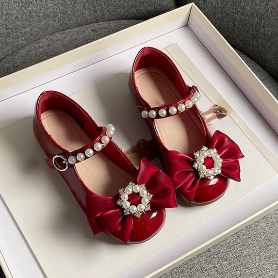 AUDeals Girls Mary Jane Flats - Bow Pearl Strap Princess Dress Shoes with Non Slip Ballet Sole for Toddler Kids (Red, 4.5-5 Years)