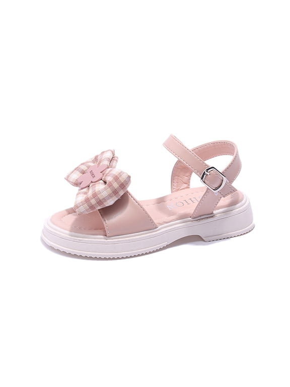 Girls Open Toe Sandals - Gingham Bow Buckle Strap Chunky Non Slip Summer Princess Shoes (Red, 9-9.5 Years)