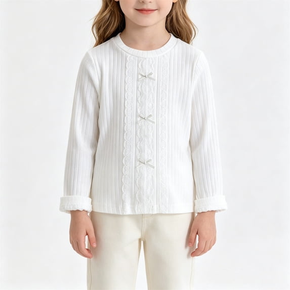 AUDeals Girls Ribbed Knit Sweater - Round Neck Long Sleeve Pullover with Lace Trim and Bow Detail for Spring Fall Casual Layering