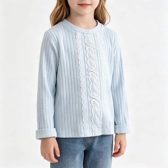 AUDeals Girls Ribbed Knit Sweater - Round Neck Long Sleeve Pullover with Lace Trim and Bow Detail for Spring Fall Casual Layering