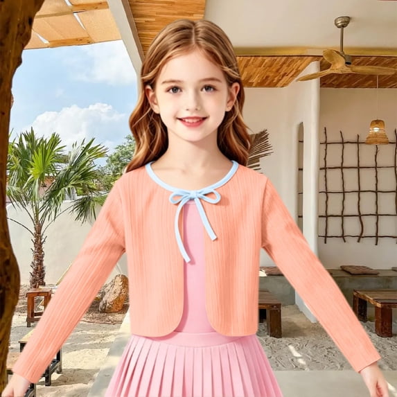 AUDeals Girls Ribbed Tie Front Cardigan - Long Sleeve Cropped Lightweight Knit Sweater Cover Up for Girls Fall Winter Layering Wear