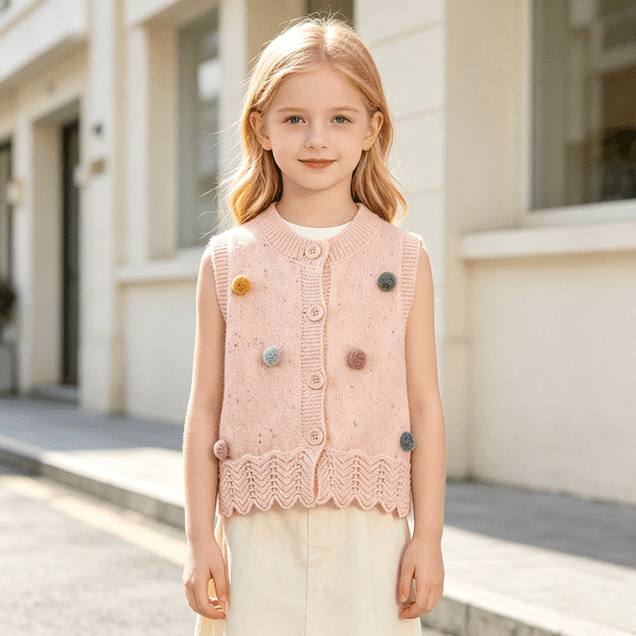 AUDeals Girls Ruffle Trim Knit Sweater Vest - Round Neck Sleeveless Button Front Cardigan for Kids Casual Layering Wear