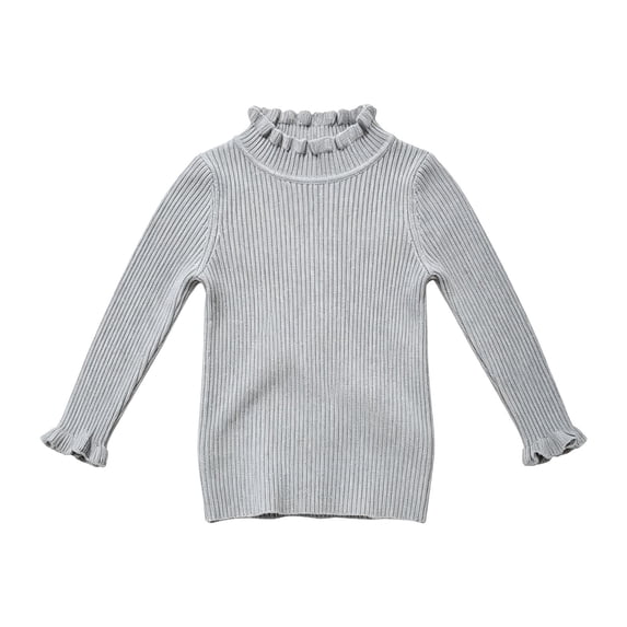 AUDeals Girls Ruffled Trim Ribbed Knit Turtleneck Sweater Long Sleeve Slim Fit Knitted Top Toddler Baby Kids Casual Layering Wear (Grey, 6-12 Months)