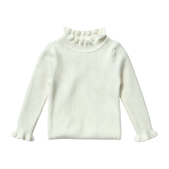 AUDeals Girls Ruffled Trim Ribbed Knit Turtleneck Sweater Long Sleeve Slim Fit Knitted Top Toddler Baby Kids Casual Layering Wear (White, 3-4 Years)
