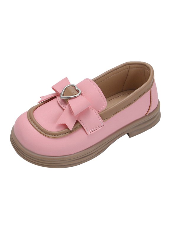 Girls Slip On Loafer Dress Shoes - PU Leather Bow Flats Chunky Rubber Sole School Party Shoes (Pink, 9-9.5 Years)