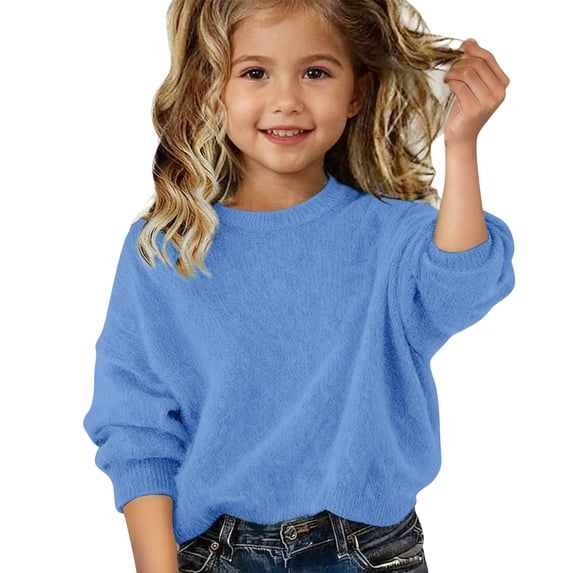 AUDeals Girls Sweater, Toddler Girls Fuzzy Fluffy Crewneck Knit Pullover, Plush Soft Cozy Loose Casual Knitted Sweater for Kids Girls (Blue, 9-10 Years)