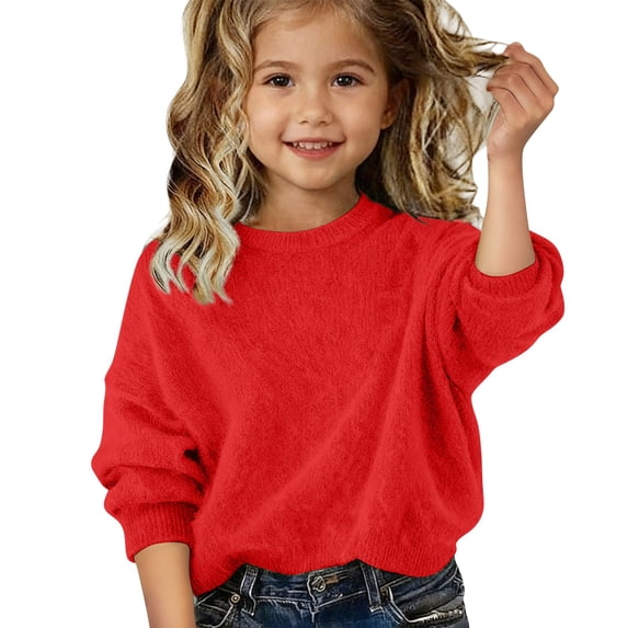 AUDeals Girls Sweater, Toddler Girls Fuzzy Fluffy Crewneck Knit Pullover, Plush Soft Cozy Loose Casual Knitted Sweater for Kids Girls (Red, 3-4 Years)