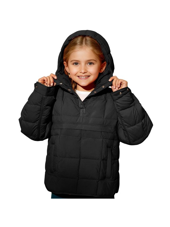 Girls Winter Heavyweight Hooded Puffer Jacket, Windproof Warm Quilted Padded Coat, Henley Neck Trendy Outerwear for Kids (Black, 8-9 Years)