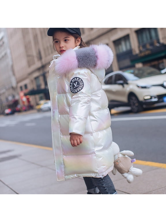 Girls Winter Shiny Puffer Jacket, Hooded with Faux Fur Trim, Mid-Length Thickened Warm Down Alternative Outerwear Coat (White, 5-6 Years)