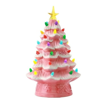 AUDeals Small Ceramic Christmas Tree with Lights Hand Painted Vintage Tabletop Christmas Tree Holiday Decoration with Multi Color Lights Green Christmas Tree Ceramic Lighted Christmas