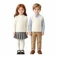 thumbnail image 1 of AUDeals Kids Cable Knit Sweater Vest, Crochet V Neck Sleeveless Pullover, Cotton School Uniform Waistcoat, Loose Fit Lightweight Sweater (Beige, 2-3 Years), 1 of 6