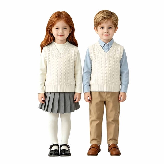AUDeals Kids Cable Knit Sweater Vest, Crochet V Neck Sleeveless Pullover, Cotton School Uniform Waistcoat, Loose Fit Lightweight Sweater (Beige, 2-3 Years)