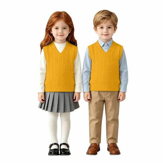 AUDeals Kids Cable Knit Sweater Vest, Crochet V Neck Sleeveless Pullover, Cotton School Uniform Waistcoat, Loose Fit Lightweight Sweater (Orange, 11-12 Years)