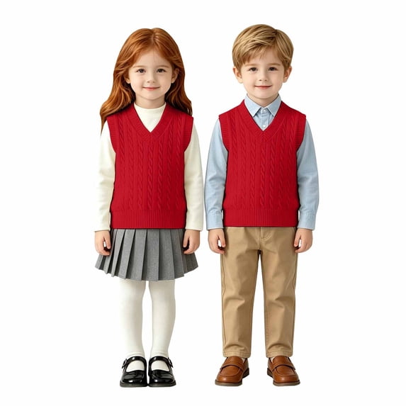 AUDeals Kids Cable Knit Sweater Vest, Crochet V Neck Sleeveless Pullover, Cotton School Uniform Waistcoat, Loose Fit Lightweight Sweater (Wine, 1-2 Years)
