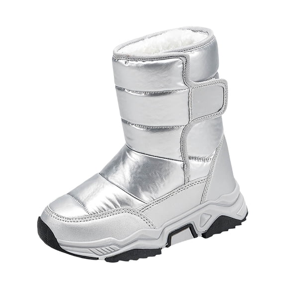 AUDeals Kids Shiny Snow Boots Fleece Lined Mid Calf Non Slip Water Resistant Lightweight Winter Outdoor Footwear (Silver, 8-9 Years)