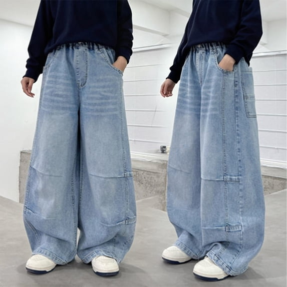 AUDeals Kids Ultra Wide Leg Baggy Jeans Elastic Waist Denim Pants Light Washed Casual Loose Fit Vintage Denim Trousers Streetwear Style (Sky Blue, 5-6 Years)