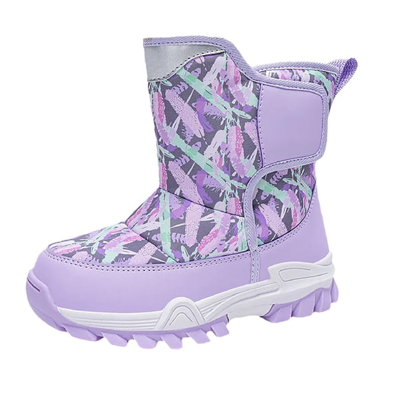 AUDeals Kids Winter Snow Boots Fleece Lined Thermal Shoes Waterproof Non Slip Mid Calf Outdoor Boots for Boys and Girls (Purple, 8-9 Years)