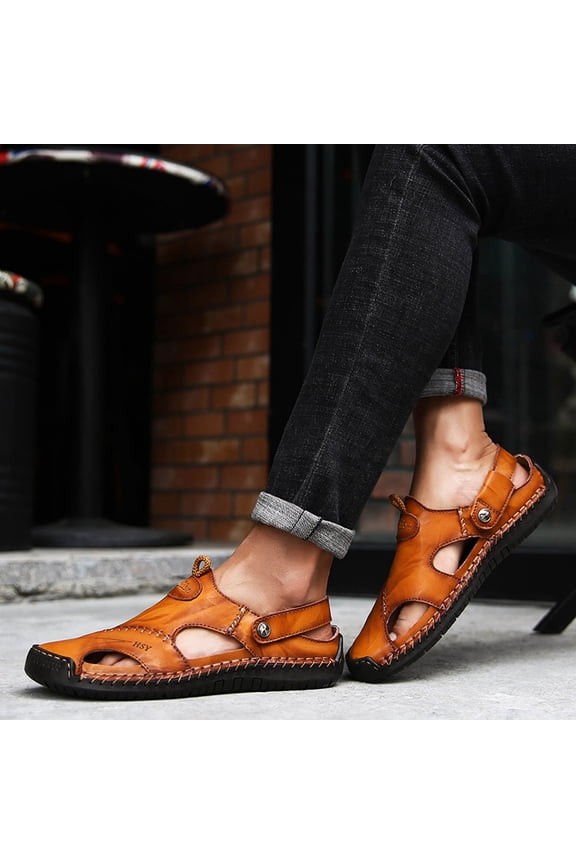Men Closed Toe Sandals, Lightweight Breathable Summer Beach Shoes, Casual Outdoor Sandals for Warm Weather (Yellow, 6.5)