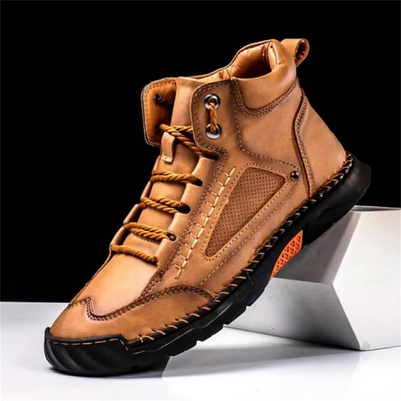 AUDeals Men's Leather Boots, Comfortable Casual Shoes with Spacious Toe Box and Arch Support for Outdoor Wear (Brown, 10.5)