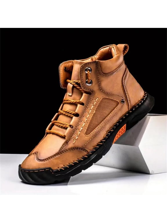 Men's Leather Boots, Comfortable Casual Shoes with Spacious Toe Box and Arch Support for Outdoor Wear (Brown, 11.5)