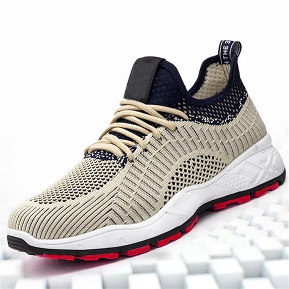 AUDeals Men's Mesh Slip On Sneakers, Breathable Flying Woven Shoes with Wide Fit Comfort for Gym and Walking (Khaki, 9)