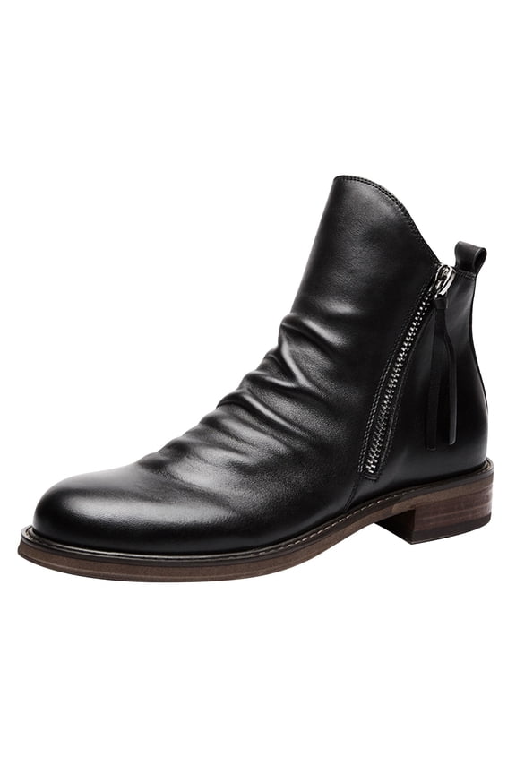 Men's Retro Leather Chelsea Boots Side Zipper Ankle Boots Slip On Low Heel Business Casual Chukka Dress Boots (Black, 11)