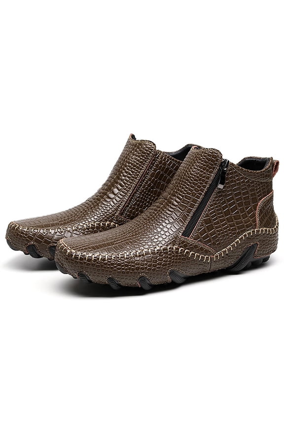 Mens Ankle Boot Leather Print Loafers Crocodile Pattern Hand Sewn Non Slip Dress Shoes (Brown, 11.5)