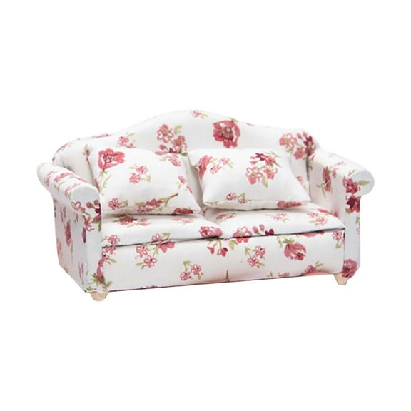 AUDeals Mini Furniture Living Room Scene Model Small Floral Fabric Double Sofa Wooden Furniture Handmade Crafts Supplies