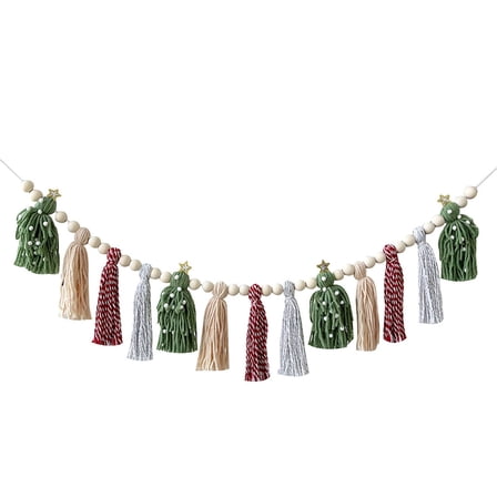 AUDeals ‌Tassel Beaded Garland 16"/24" Wood Bead & Fringe Trim for Christmas, Curtains, Tablecloths, Boho Home Décor (Natural)