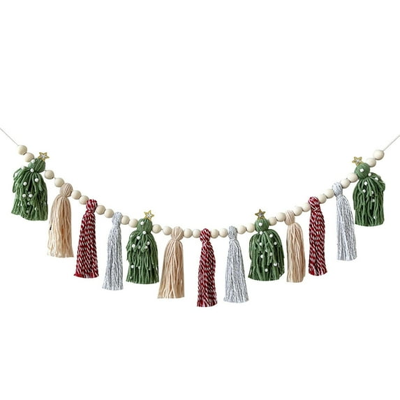 AUDeals Tassel Beaded Garland 16"/24" Wood Bead & Fringe Trim for Christmas, Curtains, Tablecloths, Boho Home Décor (Natural)