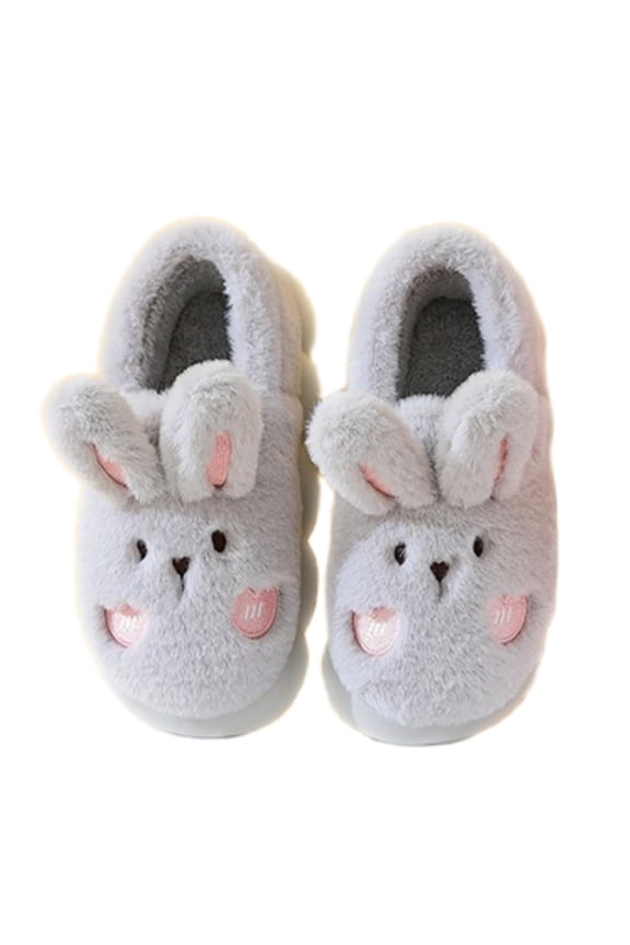 Teen Girls Bunny Slippers, Warm Fuzzy Bedroom Shoes, Soft Non Slip House Slippers for Winter (Grey, 6.5-7.5)