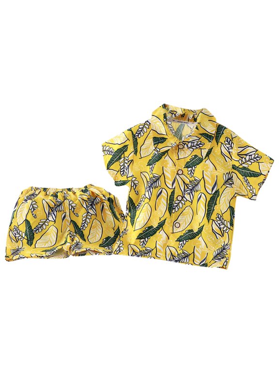 Toddler Boys 2‑Piece Hawaiian Outfit,Short‑Sleeve Pineapple Print Button‑Down Shirt & Shorts,Casual Beach Vacation Set for Baby Boys Summer Holiday Wear (Yellow, 7-8 Years)