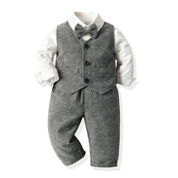 AUDeals Toddler Boys Ring Bearer Formal Wedding Suit Outfit Long Sleeved Lapel Solid Shirt Vest Pants Set Kids Dress Clothes Set (Grey, 12-18 Months)