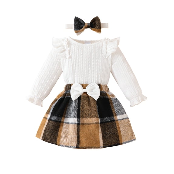 AUDeals Toddler Girl Plaid Dress Set Kids Ruffle Knit Top and Plaid Skirt with Headband 3 Piece Fall Winter Outfit Clothes Christmas Costume Size (White, 3-6 Months)