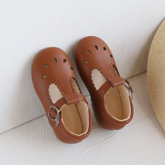 AUDeals Toddler Girls Cutout T Strap Mary Jane Flats - Closed Toe Summer Dress Shoes for First Walkers (Brown, 12-18 Months)