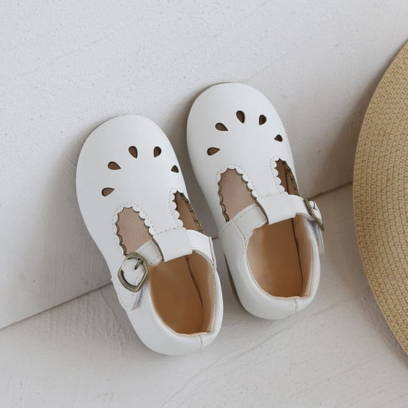 AUDeals Toddler Girls Cutout T Strap Mary Jane Flats - Closed Toe Summer Dress Shoes for First Walkers (White, 5.5-6 Years)