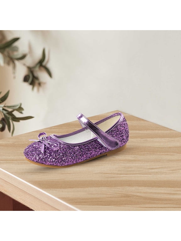 Toddler Girls Glitter Mary Jane Flats - Sparkly Bow Strap Closed Toe Princess Shoes for Party Wedding School (Purple, 4-4.5Years)