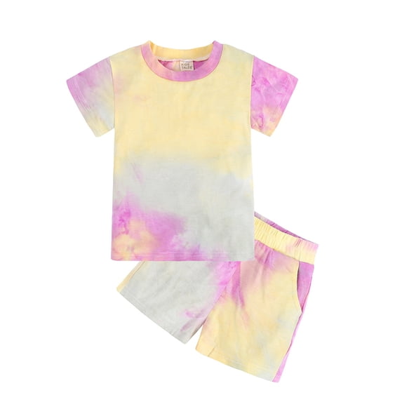 AUDeals Toddler Girls Summer Fashion Outfit Set, Tie Dye Print Short Sleeve T-Shirt & Elastic Waist Shorts, 2PCS Casual Clothes Set (Yellow, 12-24 Months)