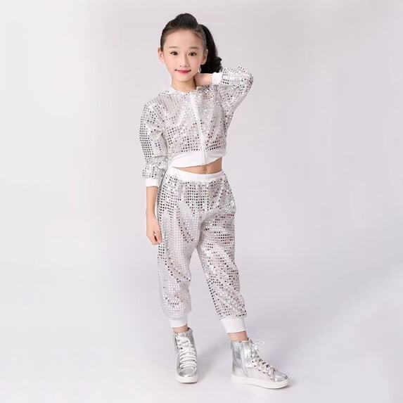 AUDeals Toddler Kids Girls Sequin Hip Hop Jazz Street Dance Outfits Long Sleeve Breathable Pullover Pants Set Sports Tracksuit (White, 18-24 Months)