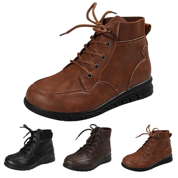AUDeals Unisex Vintage Leather Ankle Boots Cam Moc Toe Chukka Lace Up Flat Outdoor Walking Boots (Yellow, 7.5)