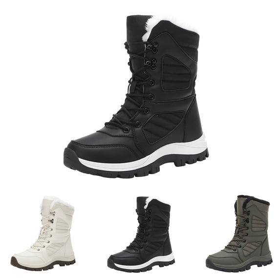 AUDeals Women Fur Lined Winter Boots, Lightweight Non Slip Platform Mid Calf Booties, Waterproof Lace Up Boots (Black, 8)