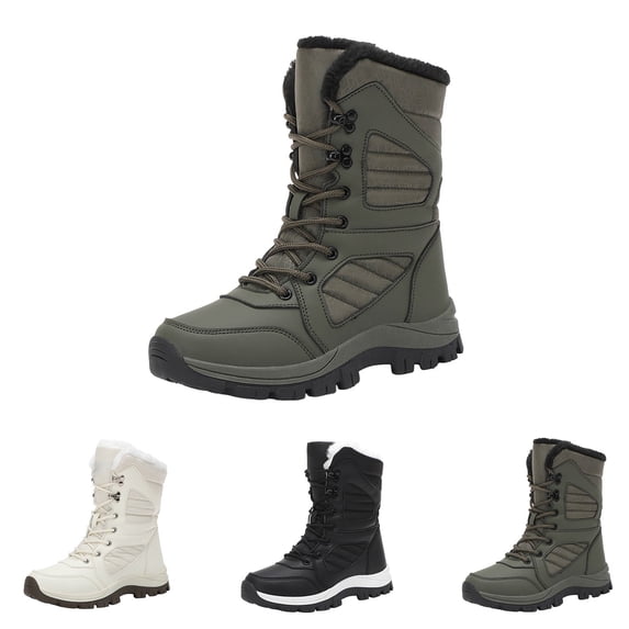 AUDeals Women Fur Lined Winter Boots, Lightweight Non Slip Platform Mid Calf Booties, Waterproof Lace Up Boots (Green, 8.5)