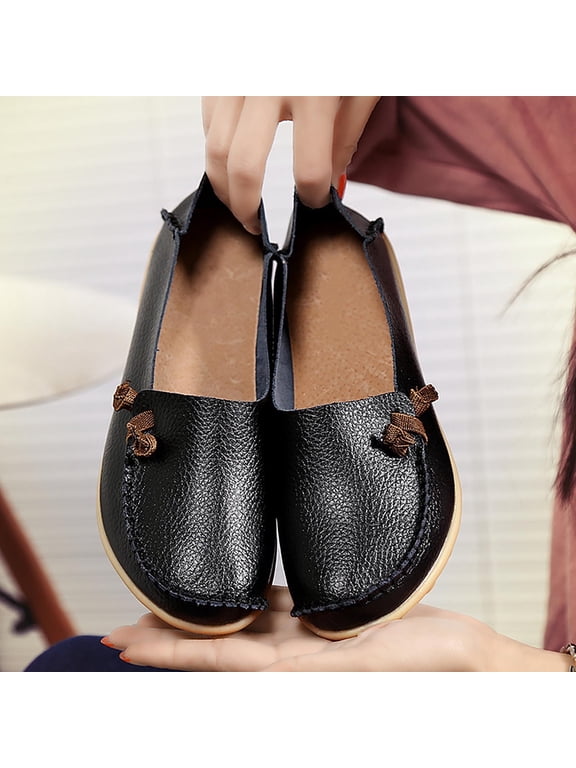 Women Genuine Leather Shoes, Soft Casual Slip On Shoes, Non Slip Low Top Platform Shoes for Daily Wear (Black, 13)