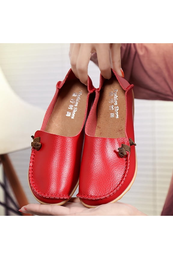 Women Genuine Leather Shoes, Soft Casual Slip On Shoes, Non Slip Low Top Platform Shoes for Daily Wear (Red, 10)