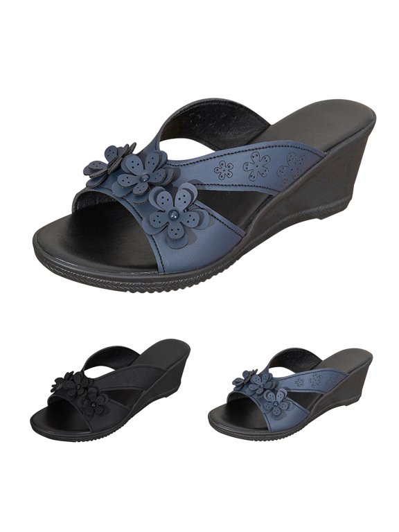 Women Open Toe Flower Platform Wedge Slides, Backless Fish Mouth High Heel Sandals, Cushioned Comfort Slip On Thong Dress Footwear for Summer Outings (Navy, 6)