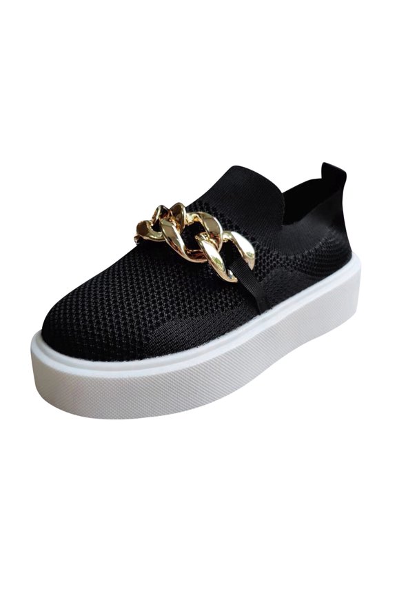 Women Platform Sneakers - Solid Color Mesh Casual Shoes with Chain Accent and Soft Sole for Everyday Streetwear (Black, 9)