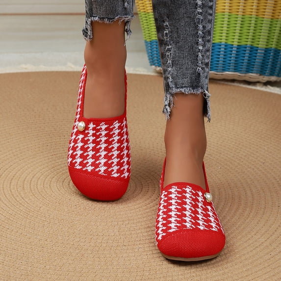 AUDeals Women Slip On Sneakers, Wide Toe Box Flat Shoes, Breathable Knit Walking Shoes with Arch Support and All Day Comfort (Red, 7.5)
